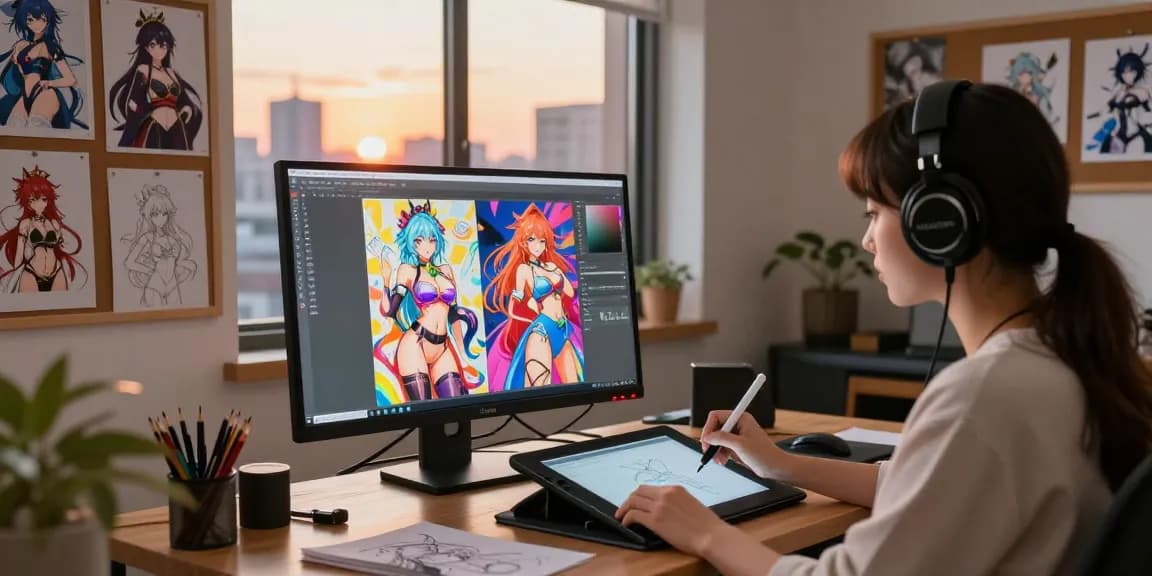 AI hentai creations vividly illustrated by a digital artist in a creative studio