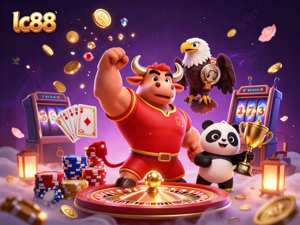 Experience excitement at lc88 with a victorious bull, eagle, and trophy-holding panda amidst casino elements.