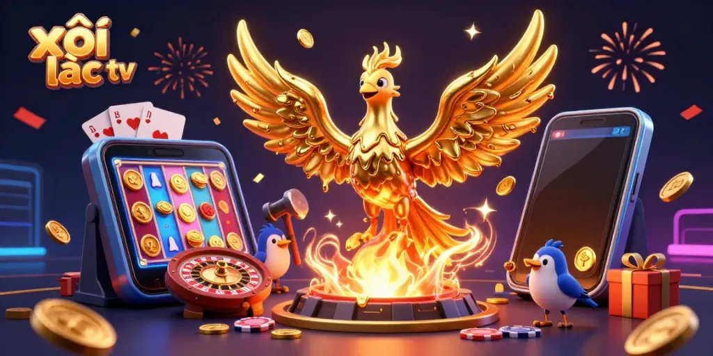 Experience thrilling gameplay with xôi lạc tv as golden coins erupt from a vibrant 3D slot game scene.