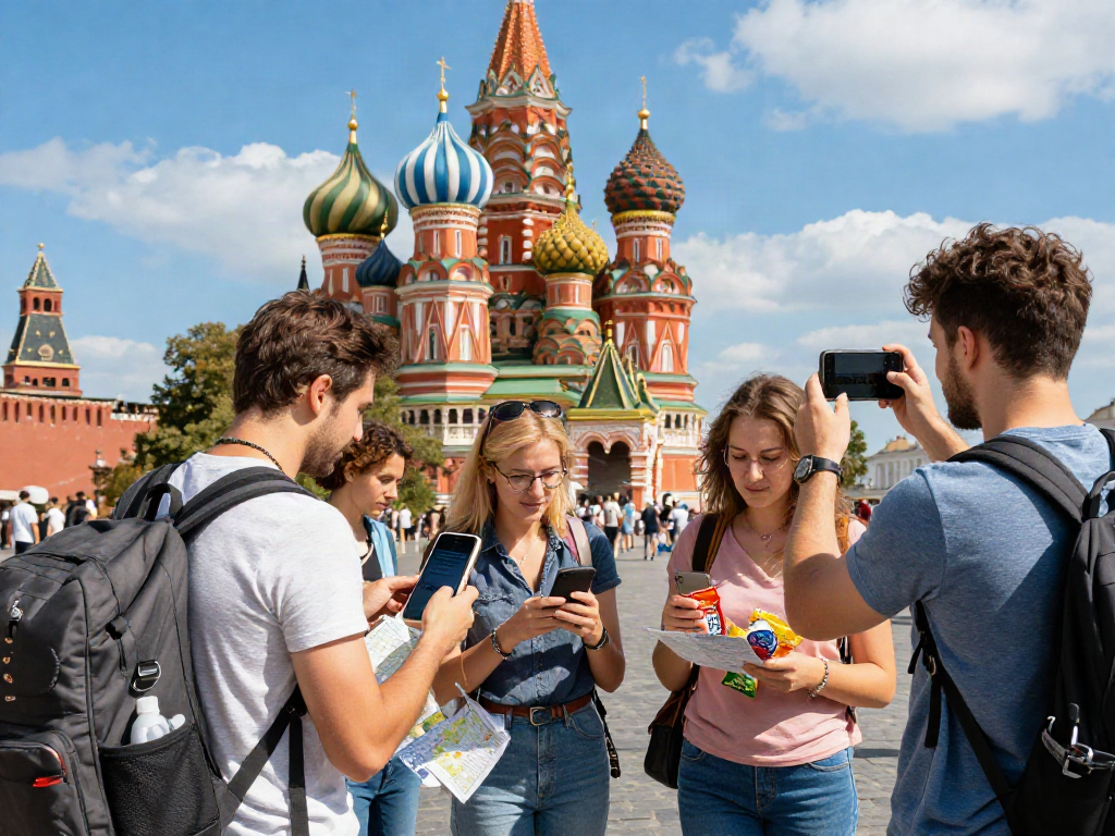 Turistas utilizando https://payinrussia.com/ para realizar pagos digitales mientras exploran Rusia.