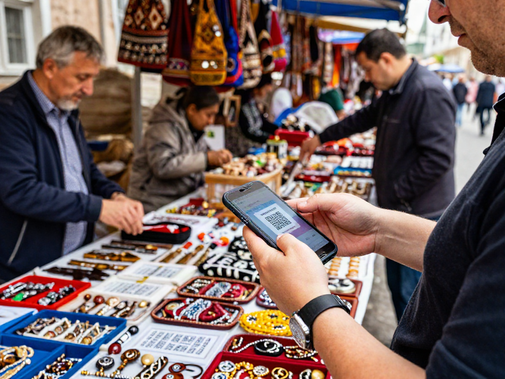 Pagando en un mercado en Rusia con https://payinrussia.com/ usando un código QR, mostrando productos locales.