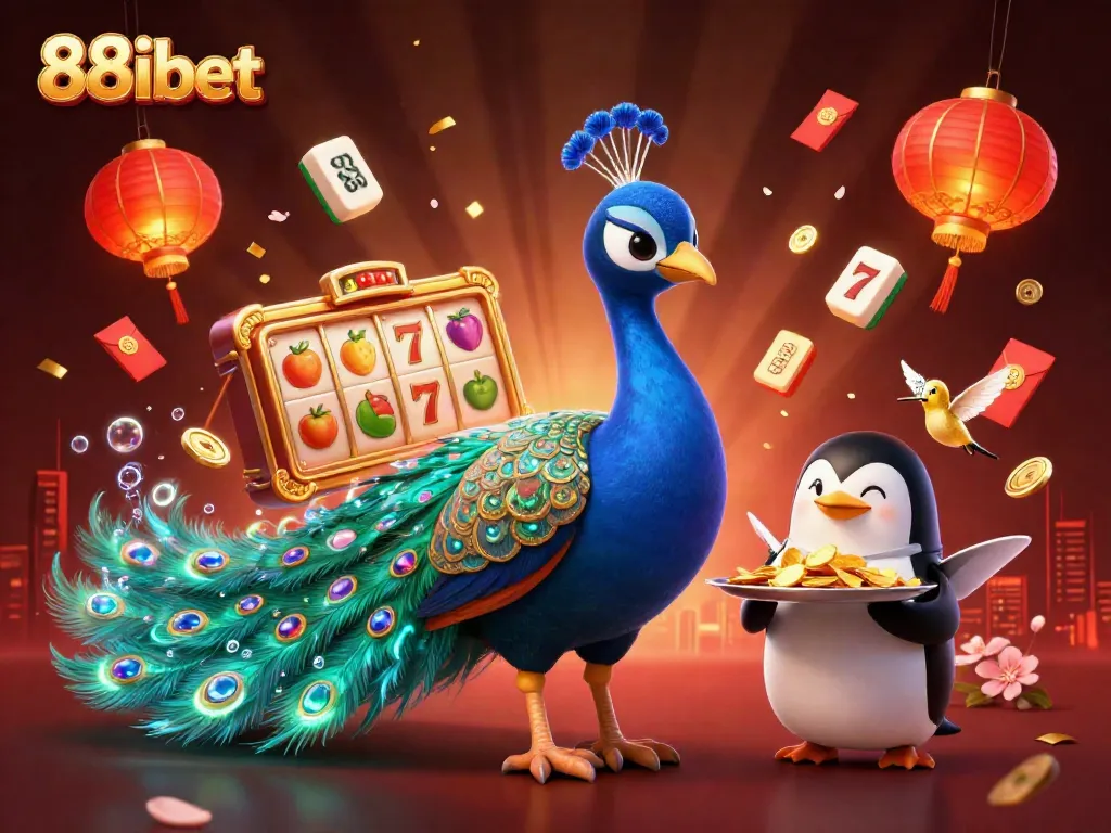 Experience the excitement of 88ibet's slots with this vibrant 3D illustration featuring a peacock, penguin, and hummingbird.