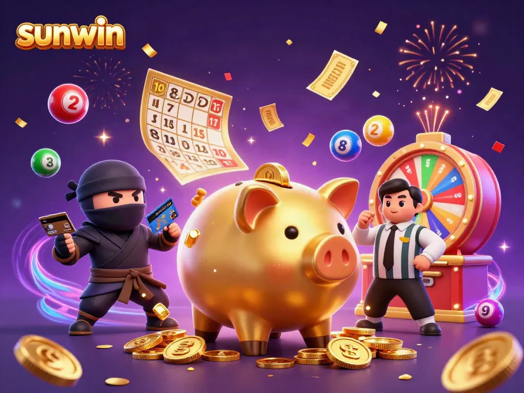 Engaging scene of gambling action featuring sunwin characters in colorful layouts with dynamic lottery balls and celebratory elements.