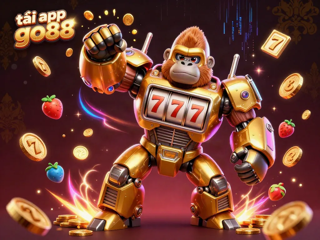Win big while downloading tải app go88 with vibrant slot-themed 3D artwork featuring an exciting golden gorilla mech.