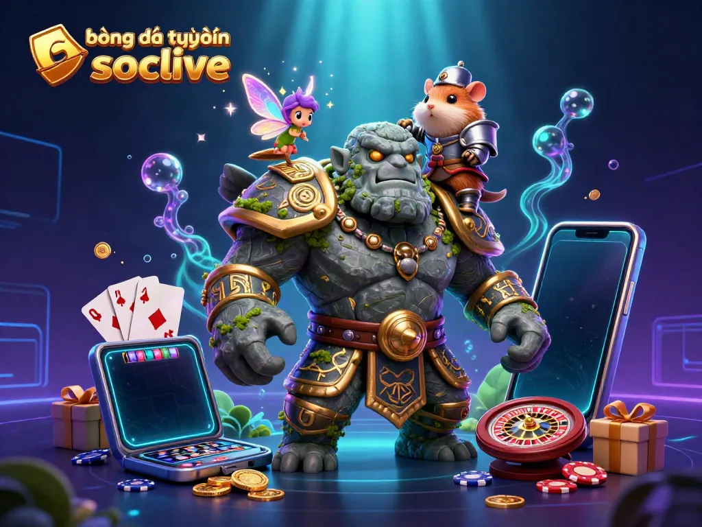 Engage in bóng đá trực tuyến socolive with an exciting 3D scene featuring characters from a fantasy world amidst vibrant casino elements.