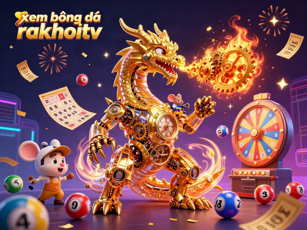 Experience xem bóng đá rakhoitv through a vibrant 3D illustration showcasing a golden dragon and dynamic casino elements.