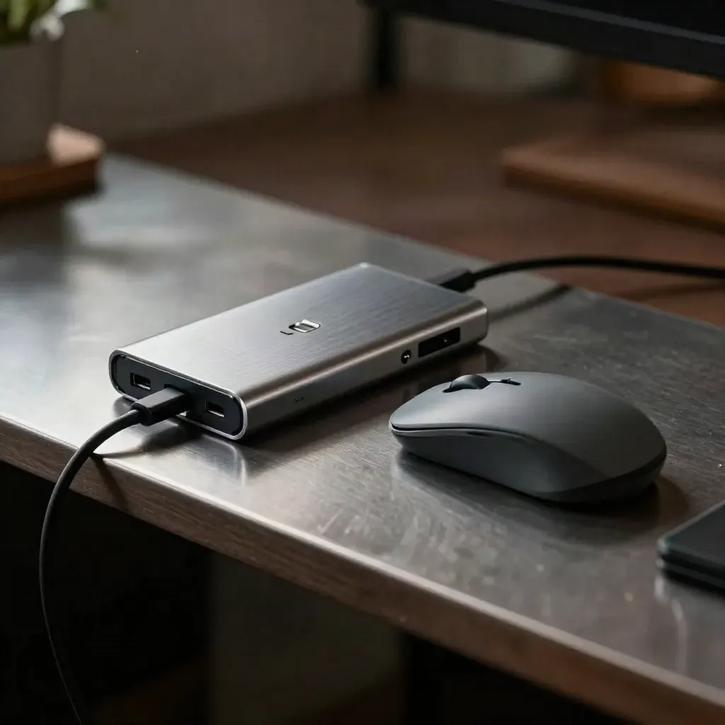 SSD, USB-C-hubb, mus och kabelklämmor på mörk hylla i mjukt sidoljus och suddig kontorsbakgrund