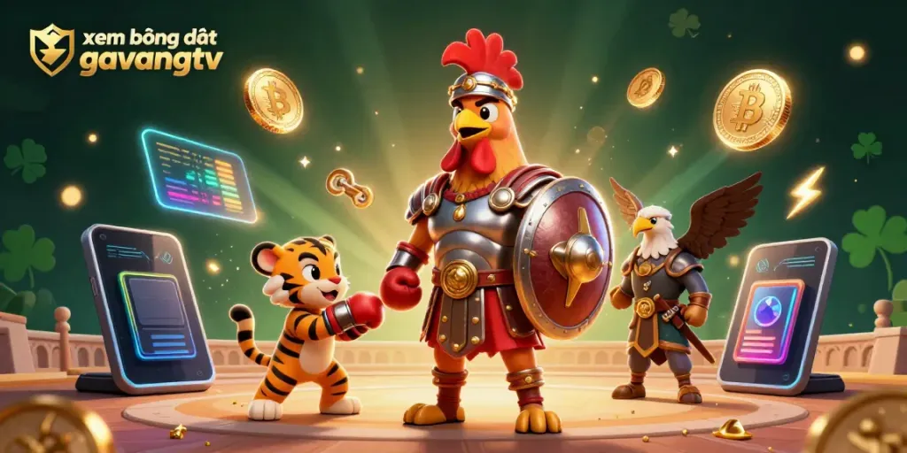 Watch xem bóng đá gavangtv with engaging 3D digital art of a rooster gladiator in action.