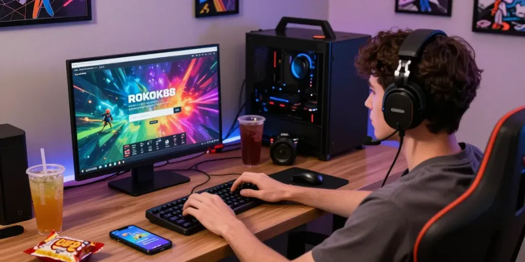 Immersive gaming scene showcasing a user on ROKOK88 login screen, vibrant gameplay, and snacks.