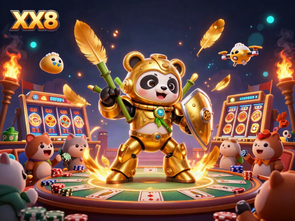 Engage with thrilling gameplay at XX8 featuring a golden panda in a vibrant casino arena.