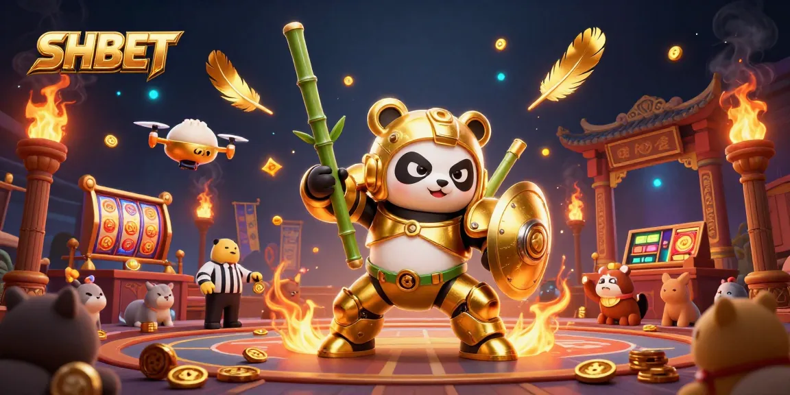 Engage in thrilling gameplay at SHBET, showcasing a golden panda robot in a dynamic casino arena.