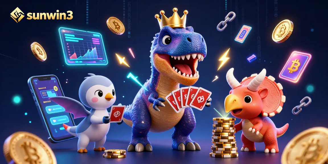 Experience thrilling wins at sunwin3 with a playful T-Rex and friends in a vibrant casino scene