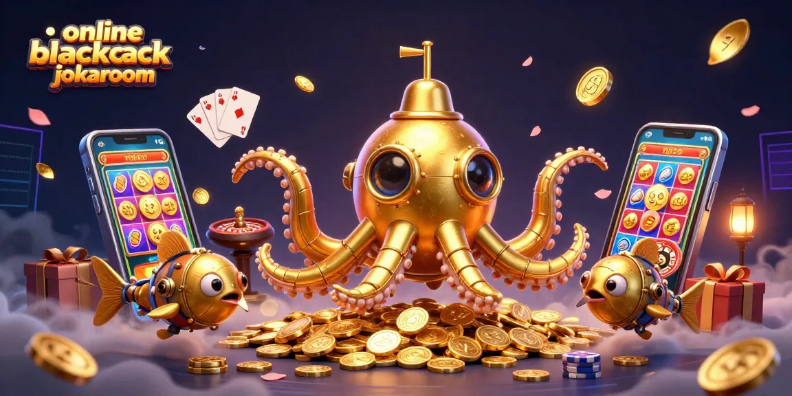Engage with online blackjack jokaroom featuring a dynamic scene with a golden kraken submarine and casino elements.